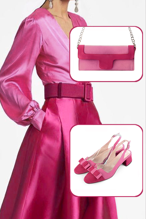 Women's fuchsia pink and hot pink elegant slingback heels, with a bow on the front. Round toe. Low flare heels - Worn view